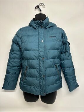 Marmot Teal Quilted Hooded Puffer Jacket size large girls Down feathers